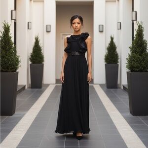 • Badgley Mischka pleated gown with ruffle trim and sequin embellishments